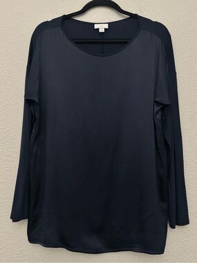 J.Jill Silky Feel Satin Front Top Long Sleeve‎ Pullover Navy Blue Petite Small